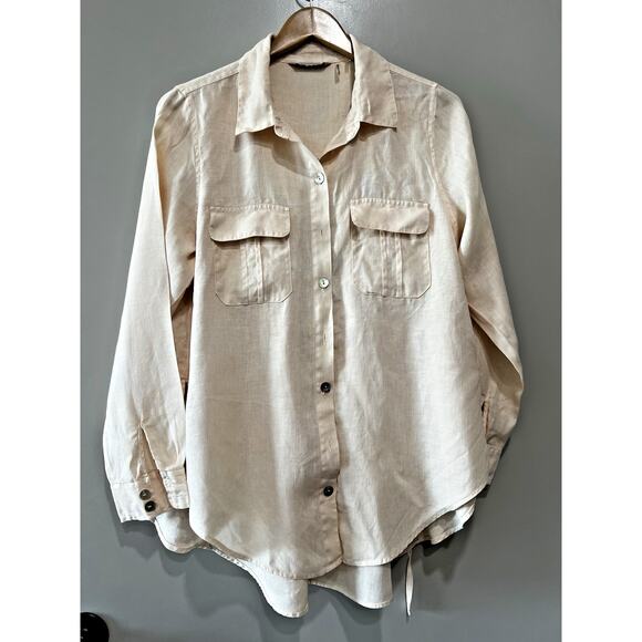 Soft Surroundings Linen button down tunic unique beige waist adjustable Sz-M - Picture 2 of 10